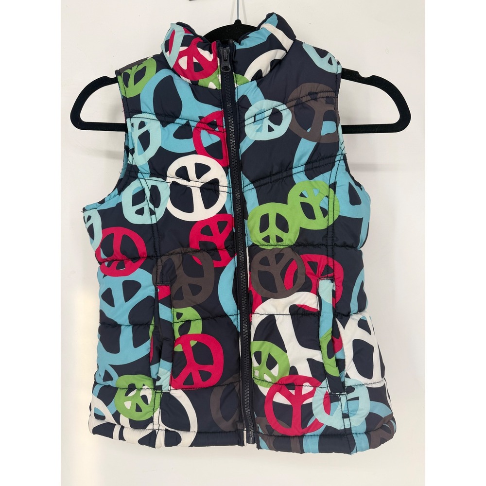 Old Navy Puffer Vest Kids Large 10-12 Navy Blue Excellent Peace Sign Print Zip